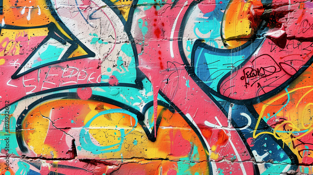 Obraz premium Detailed image of color graffiti drawing. Background street art picture. Part of the colorful masterpiece by the professional graffiti artist