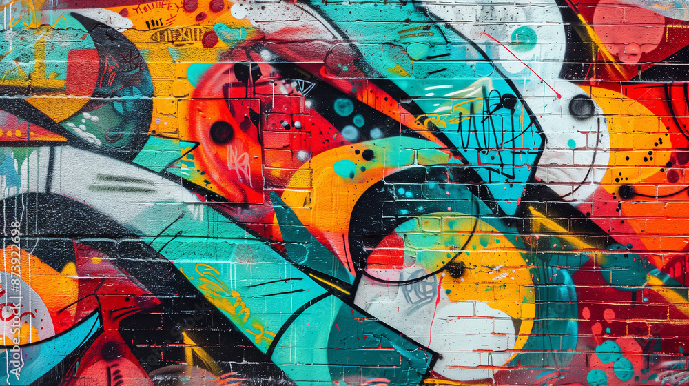 Obraz premium Detailed image of color graffiti drawing. Background street art picture. Part of the colorful masterpiece by the professional graffiti artist