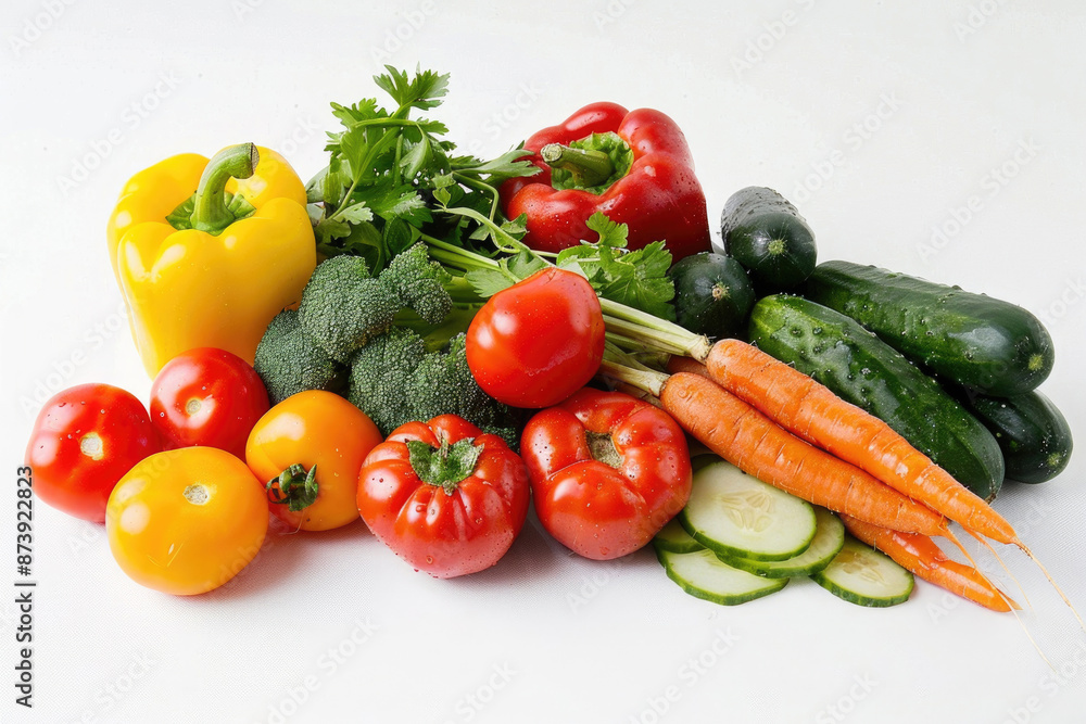 A colorful mix of fresh vegetables arranged on a white background A colorful mix of fresh vegetables arranged on a white background
