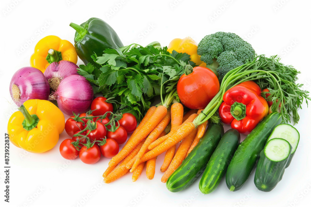 A colorful mix of fresh vegetables arranged on a white background A colorful mix of fresh vegetables arranged on a white background