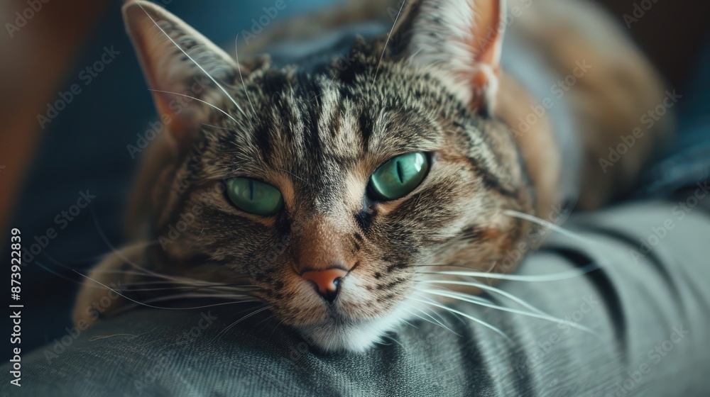 Tabby cat with green eyes playing on owner s lap close up Tabby cat with green eyes playing on owner s lap close up