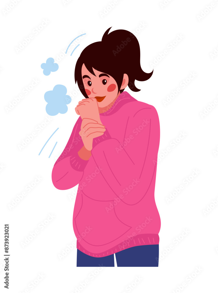 Cold weather. Freezing woman. Girl shivering and suffering from frost. Winter season. Warm outerwear. Low temperature. Unhappy trembling person. Frosty breath steam. Wintertime clothes. Vector concept Cold weather. Freezing woman. Girl shivering and suffering from frost. Winter season. Warm outerwear. Low temperature. Unhappy trembling person. Frosty breath steam. Wintertime clothes. Vector concept