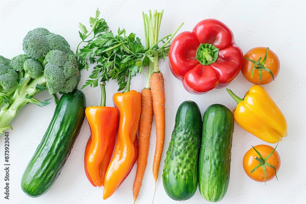 A colorful mix of fresh vegetables arranged on a white background A colorful mix of fresh vegetables arranged on a white background
