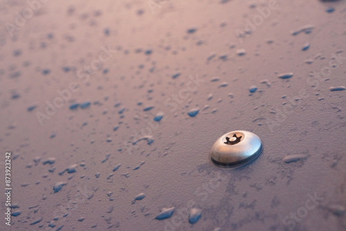 Macro of shiny metal bolt screwed in a plastic dark blue board with raindrops on it, well lit