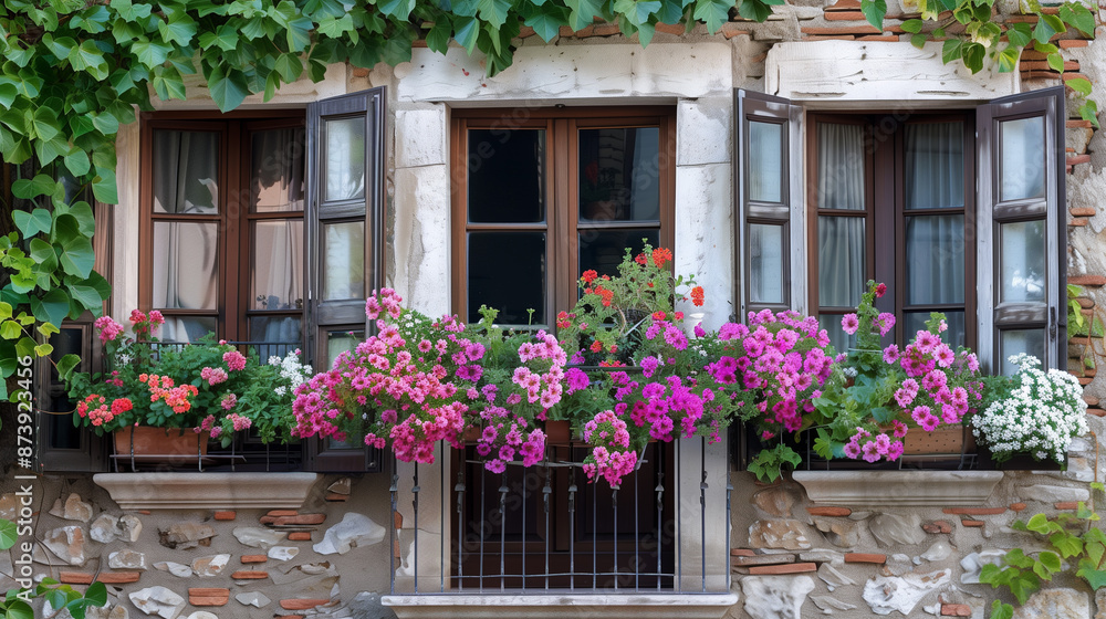 the facade of an old building with windows and balconies in colors in Italy, Tuscany or France the facade of an old building with windows and balconies in colors in Italy, Tuscany or France
