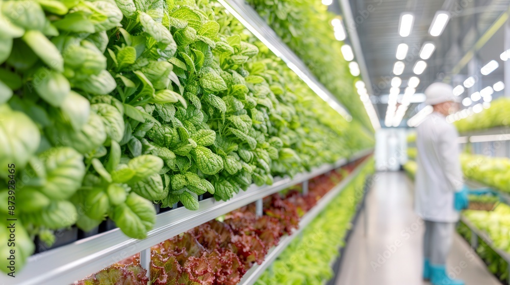 Vertical farming with lush green plants and a worker in a modern indoor farm. Sustainable agriculture concept. Vertical farming with lush green plants and a worker in a modern indoor farm. Sustainable agriculture concept.