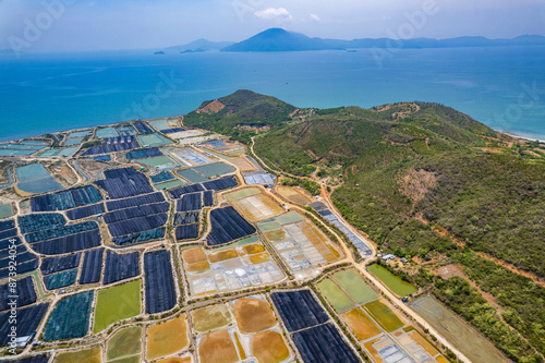 Aerial view of Hon Khoi Salt Fields, in Khanh Hoa, Vietnam photo