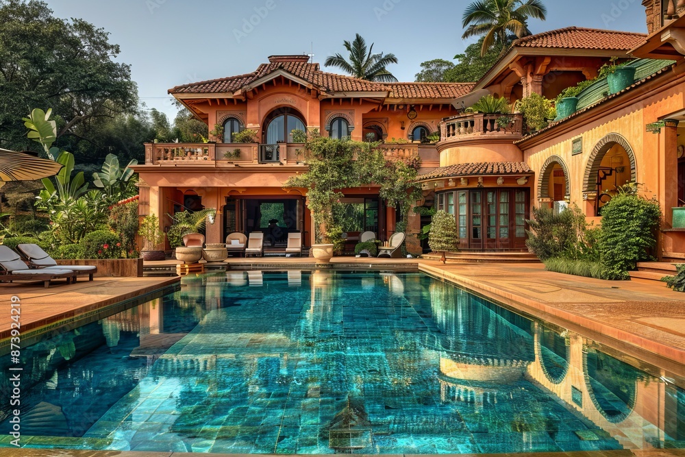Stunning view of a lavish villa and reflecting pool during a serene sunset Stunning view of a lavish villa and reflecting pool during a serene sunset