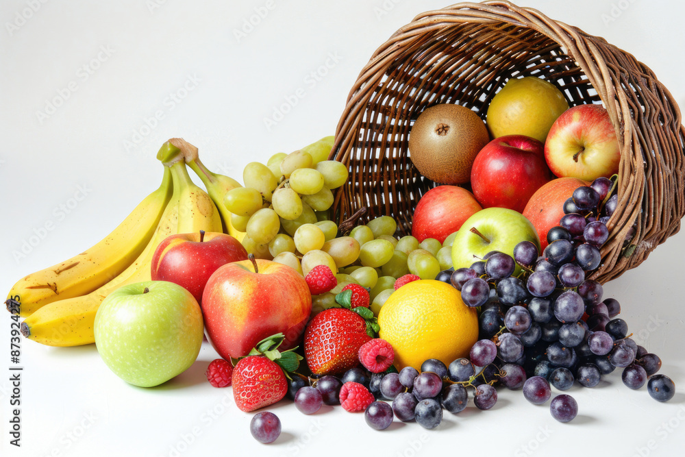 A selection of fresh fruits spilling from a basket on a white background A selection of fresh fruits spilling from a basket on a white background