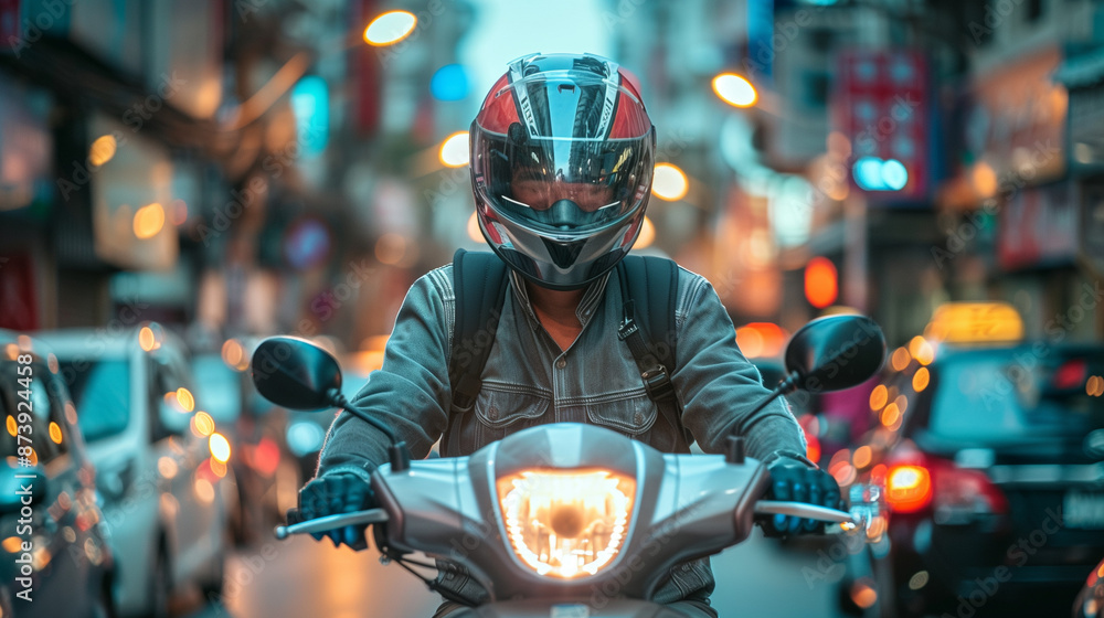 motorcycle taxi driver riding a motorbike wearing a helmet, city street background, Ai generated Images motorcycle taxi driver riding a motorbike wearing a helmet, city street background, Ai generated Images