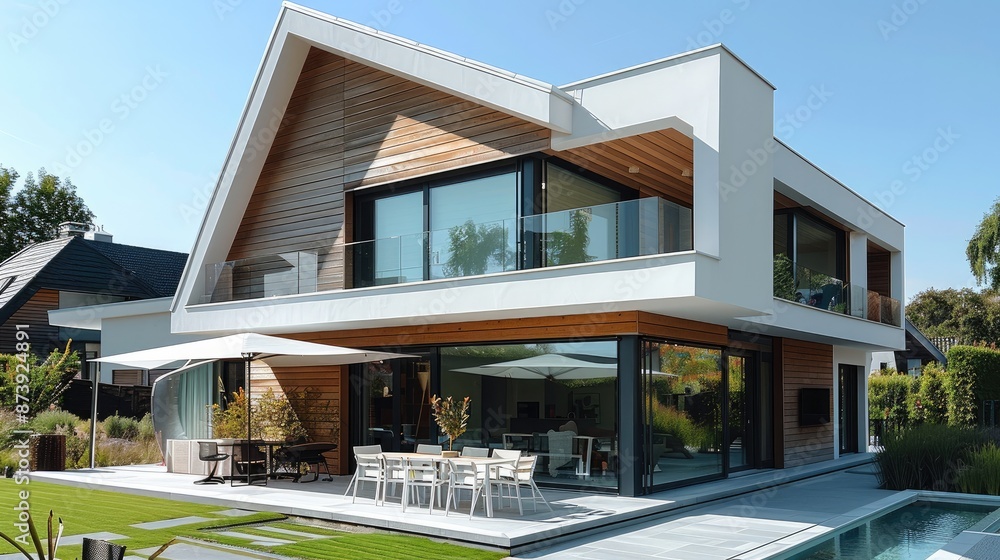 Modern two-store residential house, minimalist architecture, sunny day, white plaster facade, pitched roof, wood panelling. Generative AI. Modern two-store residential house, minimalist architecture, sunny day, white plaster facade, pitched roof, wood panelling. Generative AI.
