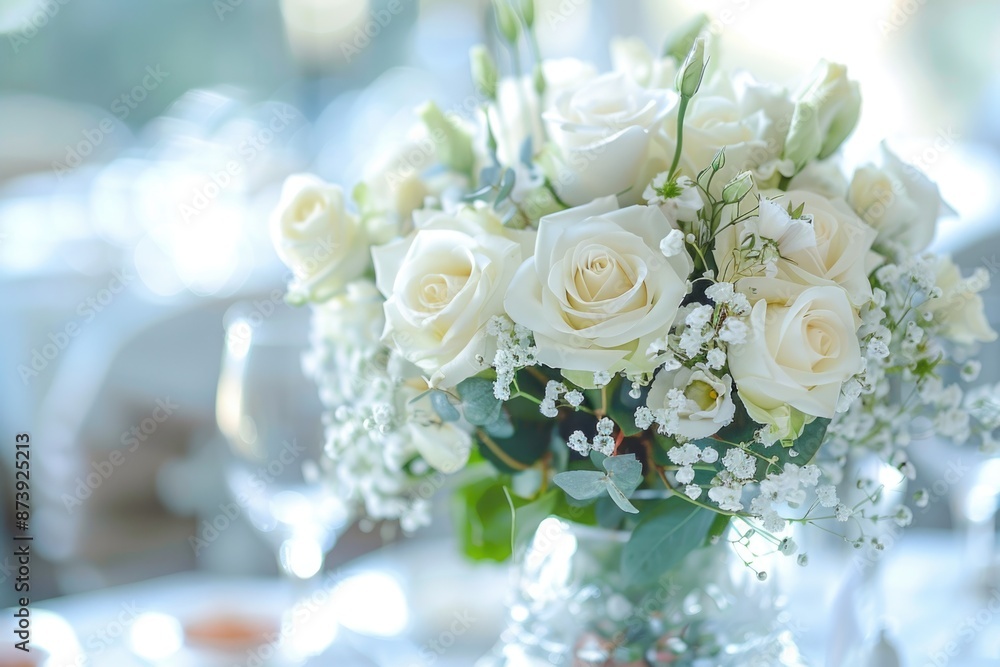 Fototapeta premium Wedding Flower. Table Decoration with Beautiful White Rose Bouquet