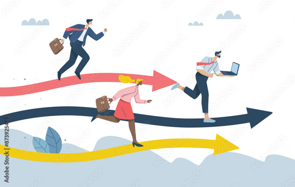 Naklejka premium Business competition concept, Competition between business competitors, A competition for skills or abilities to be successful in a career or work, Businessman running on arrows that go up and down.