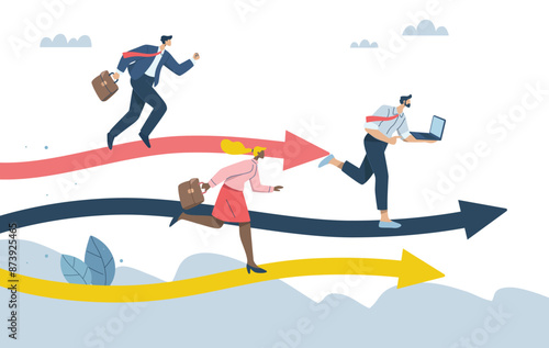 Business competition concept, Competition between business competitors, A competition for skills or abilities to be successful in a career or work, Businessman running on arrows that go up and down.