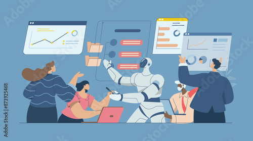 Business data analysis, working with artificial intelligence, AI support, Business team people jointly analyzing data or reviewing business document reports together with robots, Vector design.