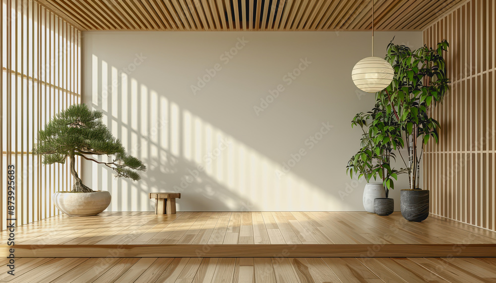 Minimalist indoor space with blank canvas, potted plants, wooden table, natural light Minimalist indoor space with blank canvas, potted plants, wooden table, natural light