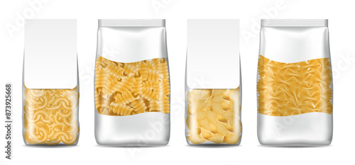 Spaghetti package set. Different types noodles in cellophane packaging, white blank label. Farfalle and fusilli. Cooking ingredient. Raw product. Italian food. Vector realistic isolated illustration