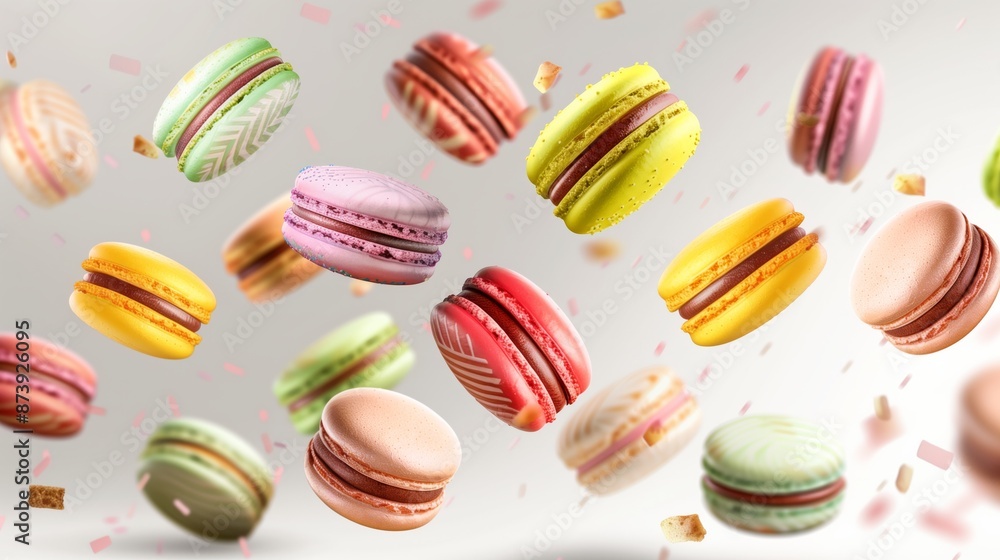 Various colorful of macarons floating on the air Various colorful of macarons floating on the air