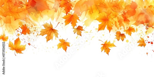 Watercolor yellow and orange maple leaves boarder on a white background