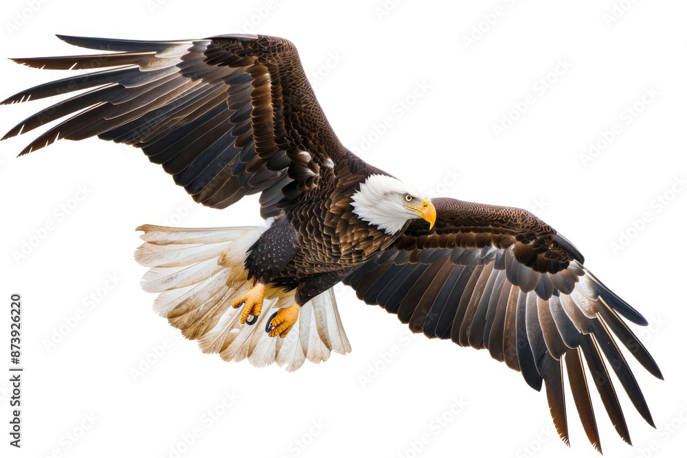 Obraz premium An eagle mid-soar, wings wide, isolated on a white background