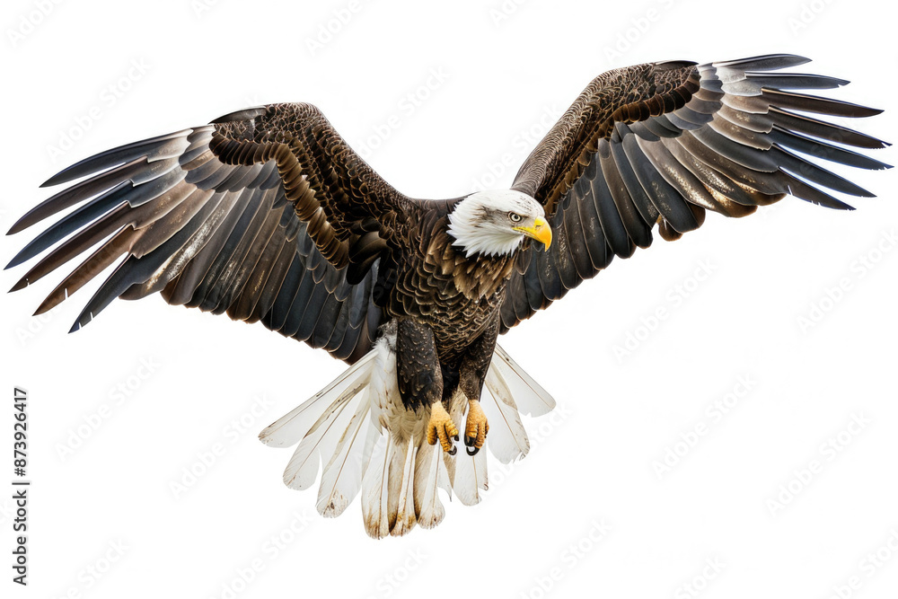 Obraz premium An eagle mid-soar, wings wide, isolated on a white background