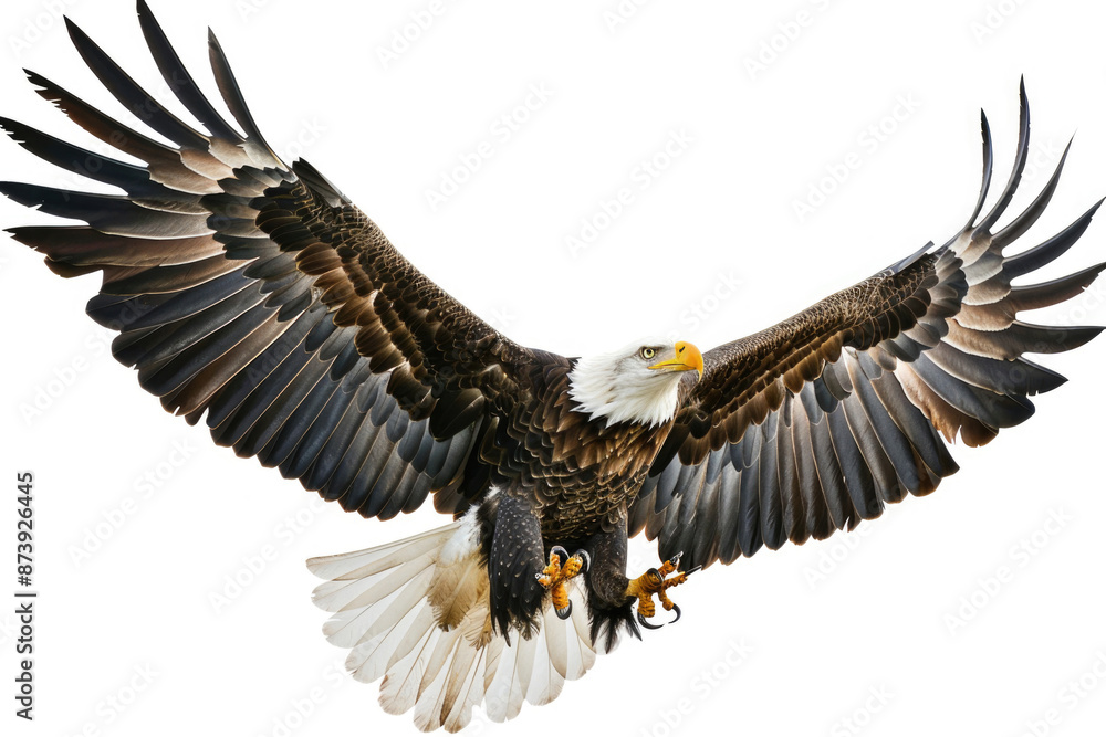 Fototapeta premium An eagle mid-soar, wings wide, isolated on a white background