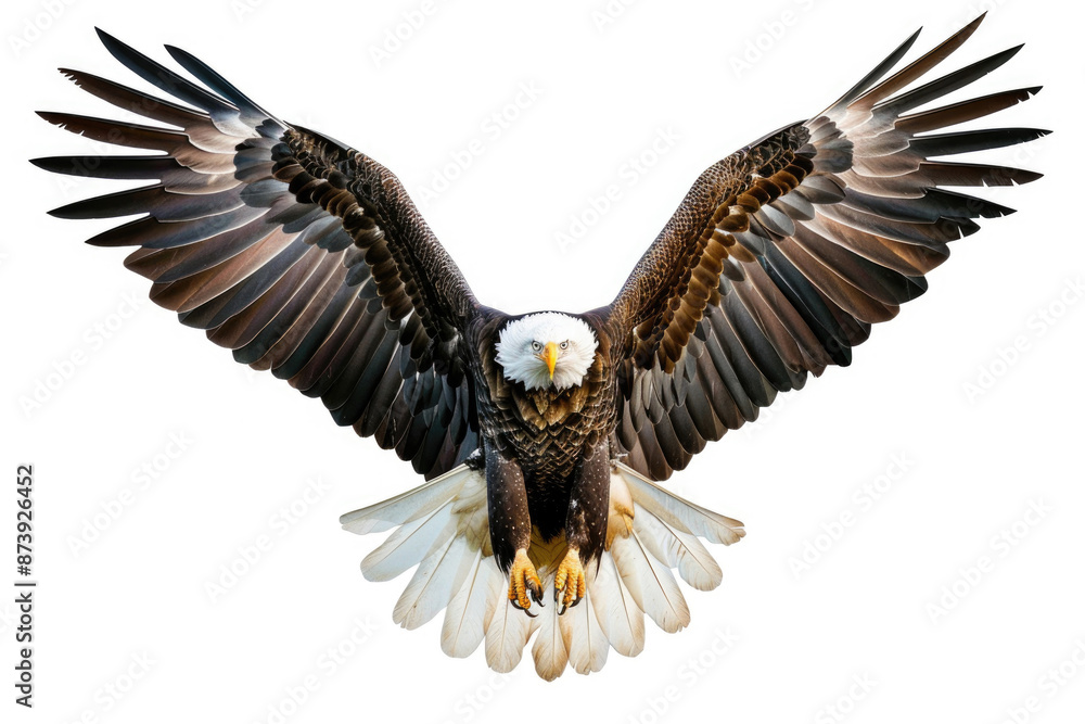 An eagle mid-soar, wings wide, isolated on a white background An eagle mid-soar, wings wide, isolated on a white background