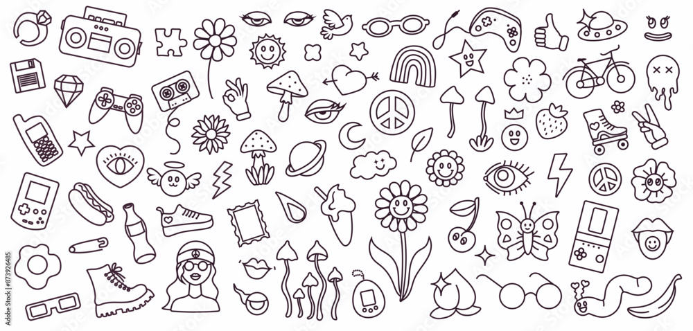 Linear cute hand drawn drawings. Background from doodles in youth style. Black and white children's hand drawings. Vector illustration isolated elements on a white background. Set of tattoos.
Linear cute hand drawn drawings. Background from doodles in youth style. Black and white children's hand drawings. Vector illustration isolated elements on a white background. Set of tattoos.