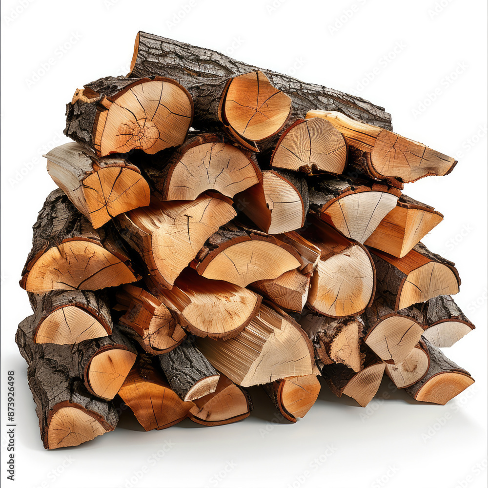 Fototapeta premium Firewood stack, Stack of cut firewood, Isolated on white background. Generative AI.