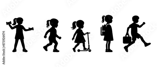 Vector silhouette of children. school boys and girls set. Little kids activity silhouette black filled vector Illustration icon.