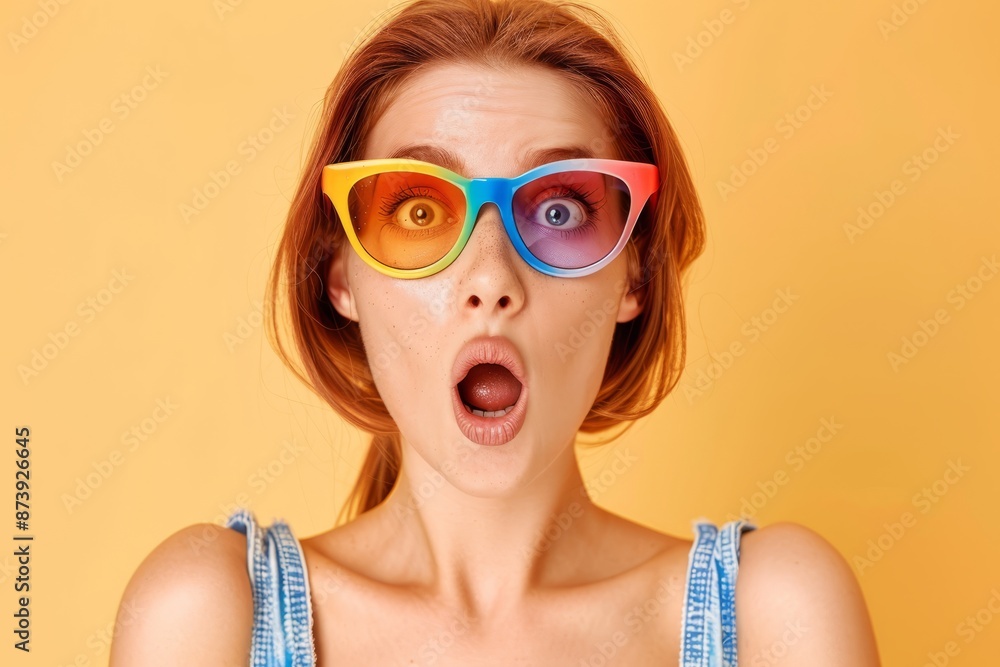 A startled portrait of a woman with glasses A startled portrait of a woman with glasses