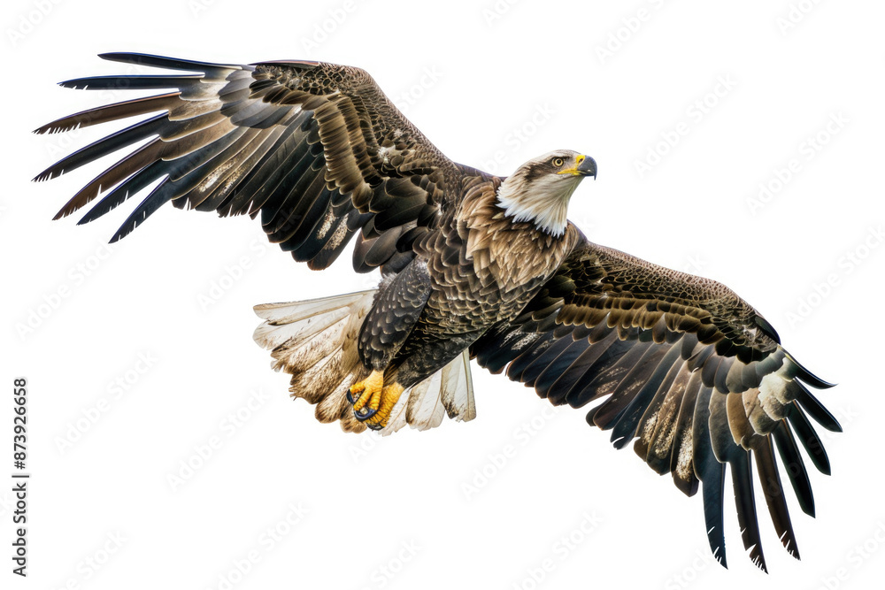 An eagle mid-soar, wings wide, isolated on a white background An eagle mid-soar, wings wide, isolated on a white background