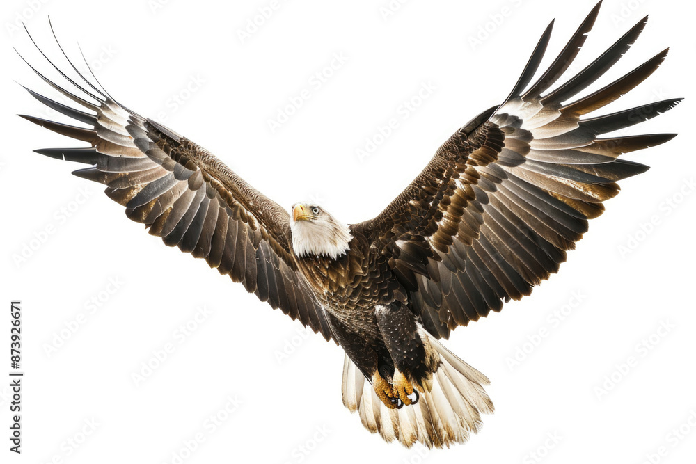 Fototapeta premium An eagle mid-soar, wings wide, isolated on a white background