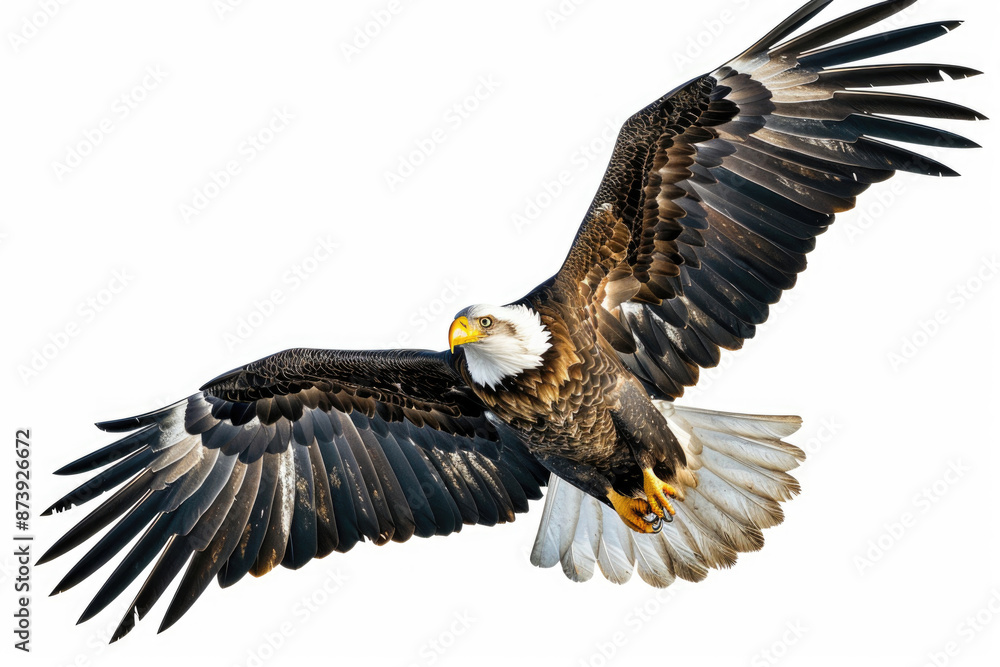Fototapeta premium An eagle mid-soar, wings wide, isolated on a white background