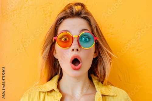A startled portrait of a woman with glasses