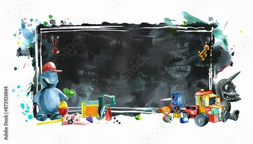 Whimsical watercolor toys and chalkboard frame with colorful blots photo