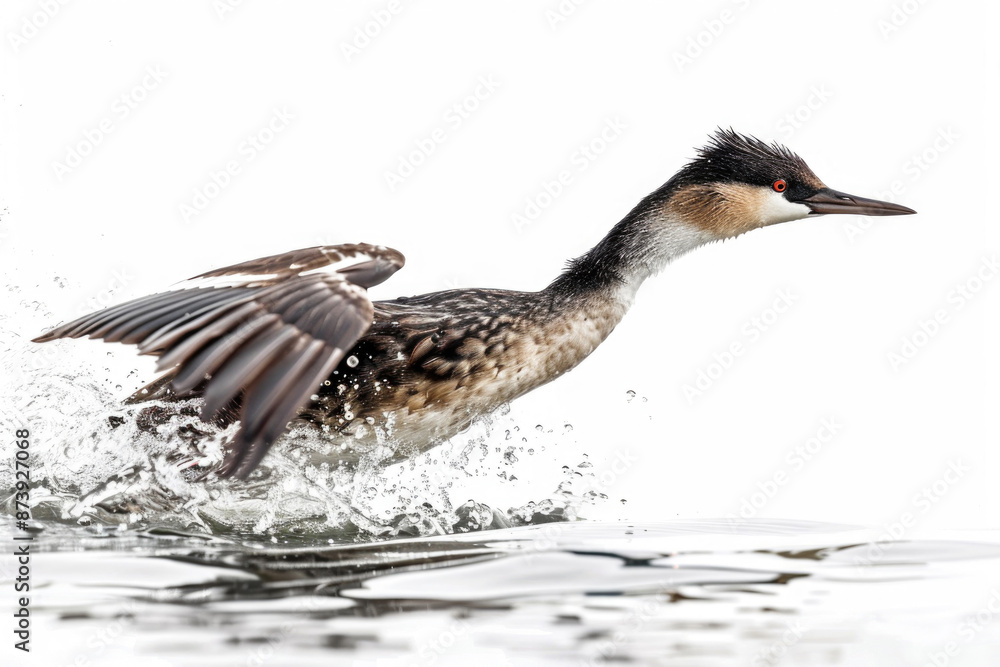 A grebe mid-dive, body streamlined, isolated on a white background A grebe mid-dive, body streamlined, isolated on a white background