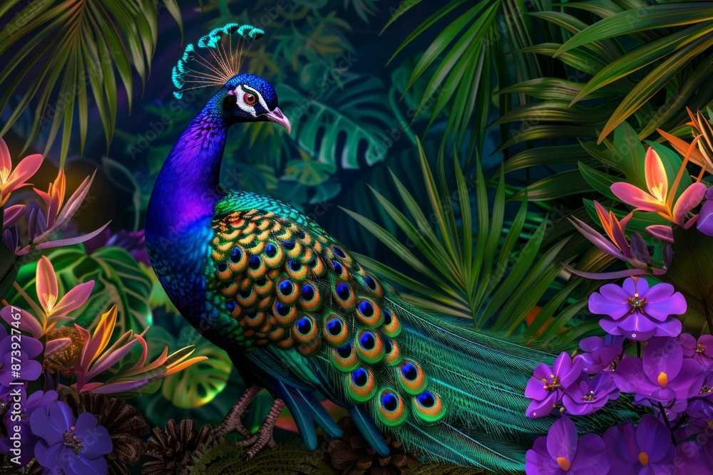 Fototapeta premium A stunning peacock with vibrant plumage, surrounded by lush tropical foliage and colorful flowers