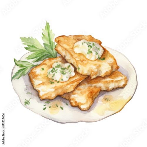 Illustration of Bakaliaros Skordalia , a Greek Food in a White Background.