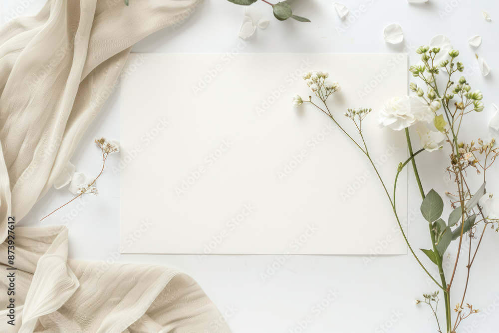 Blank Paper Mockup With White Flowers and Fabric Blank Paper Mockup With White Flowers and Fabric