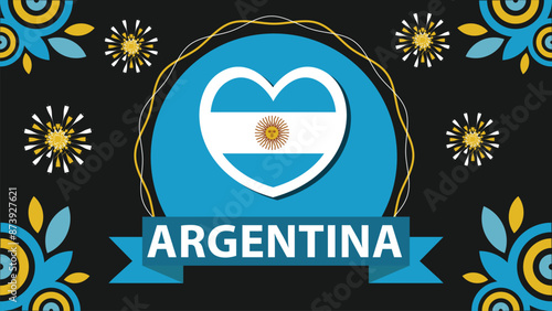 Argentina vector banner design illustration with flag colors, geometric shapes and typography. fireworks and ribbon elements.