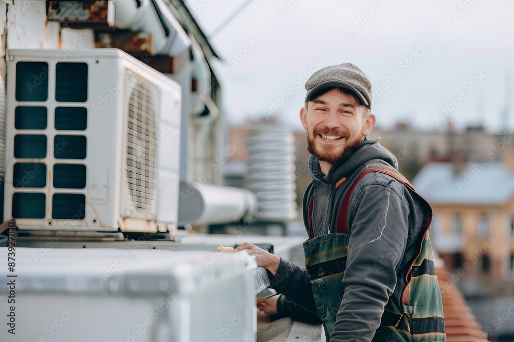 Portrait of happy smiling male worker technician wearing overall installing air conditioner on rooftop. Ventilation system maintenance concept Portrait of happy smiling male worker technician wearing overall installing air conditioner on rooftop. Ventilation system maintenance concept