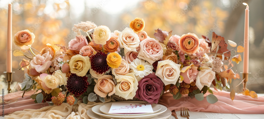 autumn wedding decor, elegant autumn wedding decor idea with soft pastel tones, gold, and burgundy palette for a sophisticated look autumn wedding decor, elegant autumn wedding decor idea with soft pastel tones, gold, and burgundy palette for a sophisticated look