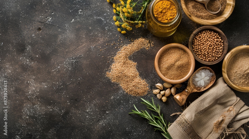 Assorted spices and herbs on rustic background Assorted spices and herbs on rustic background