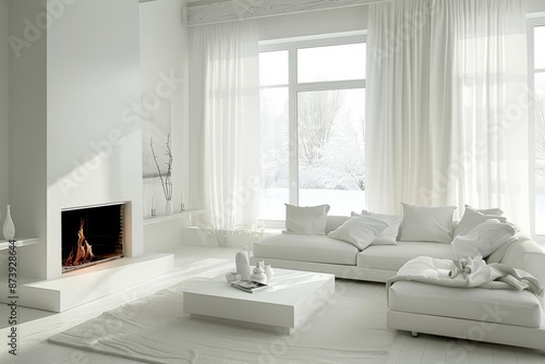 modern white living room with fireplace and sofa image.