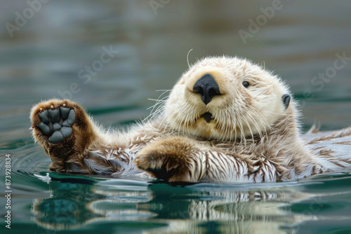 Sea otter floating on its back in the water, holding a shell