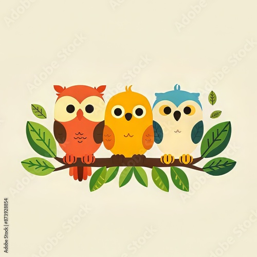 Three Colorful Owls Perched on a Branch with Leaves photo