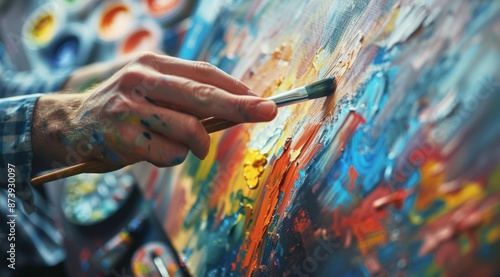 A detailed shot showing a painter's hand in action as they create an abstract artwork on canvas, highlighting the lively colors and textures involved in the art creation process.