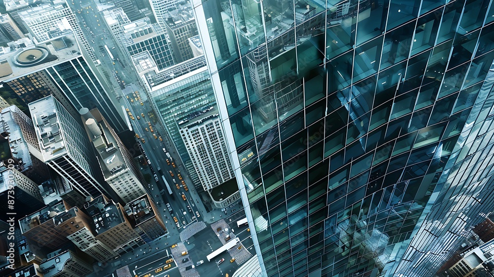 Urban Oasis: Aerial View of Vibrant High-Rise Office Building in Modern Cityscape Urban Oasis: Aerial View of Vibrant High-Rise Office Building in Modern Cityscape