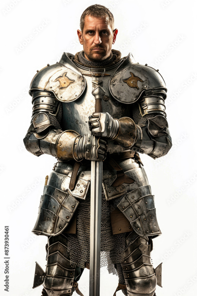 Medieval knight with armor and sword on a white backdrop Medieval knight with armor and sword on a white backdrop